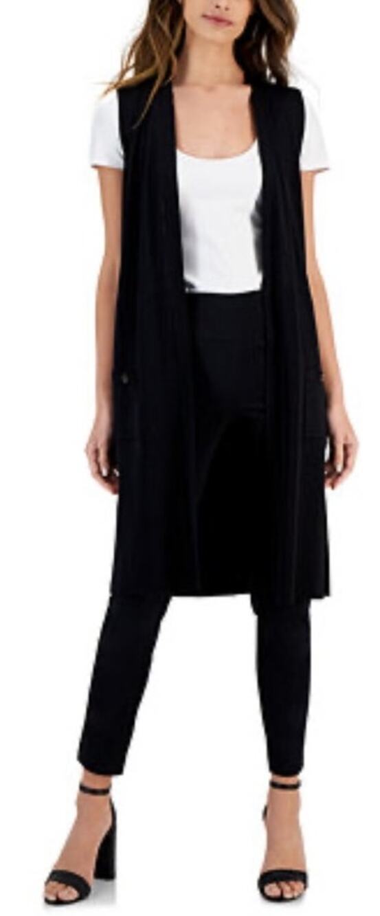 Tahari Black Sleeveless Duster Vest Sz XS Fringe Boho Whimsygoth